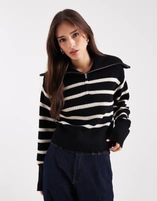 Monki Monki high zip neck knitted jumper in black and white stripe-Multi