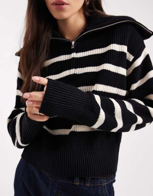 Monki high zip neck knitted jumper in black and white stripe, 3 of 4