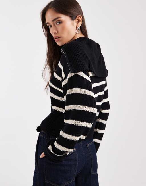 Monki high zip neck knitted jumper in black and white stripe, 4 of 4