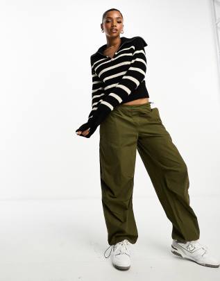 Monki High Zip Neck Knitted Sweater in Black and White Stripe