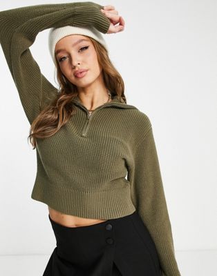 Monki high zip neck knitted sweater in khaki | ASOS