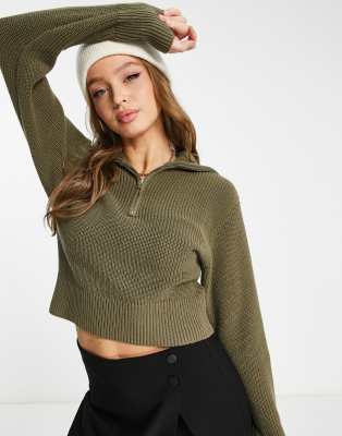 high zip neck knitted sweater in khaki-Green