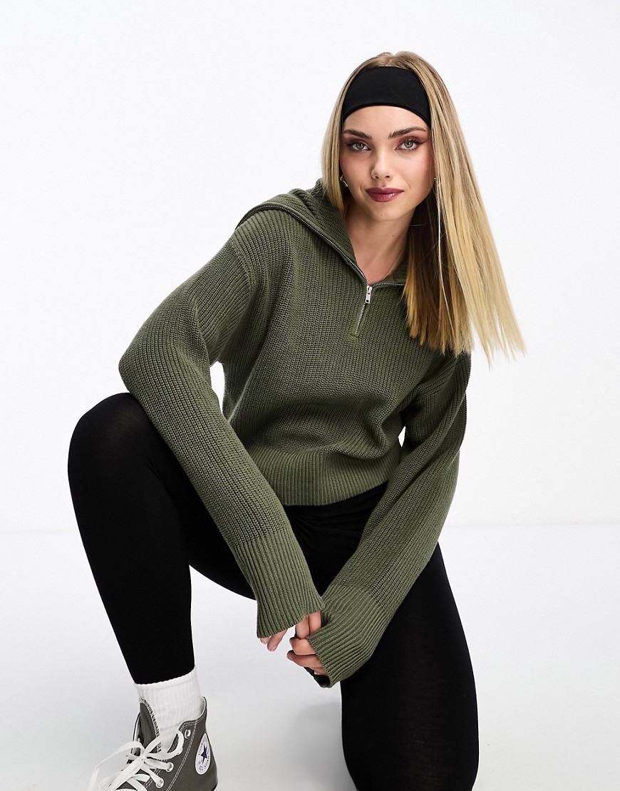 Monki high zip neck knitted sweater in khaki-Green