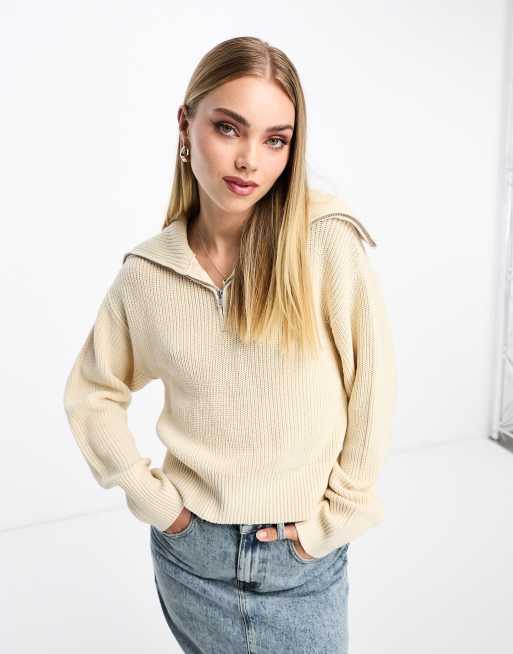 Monki high zip neck knitted sweater in off white | ASOS