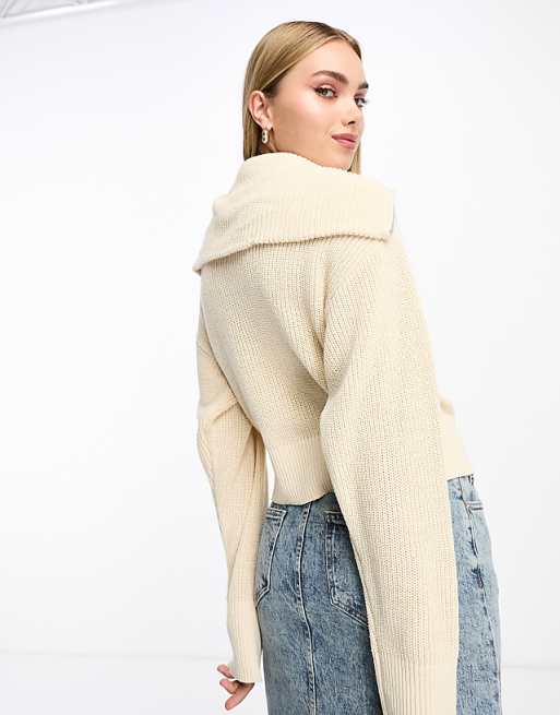 Monki high zip neck knitted sweater in off white | ASOS Monki high zip neck knitted sweater in off white | ASOS