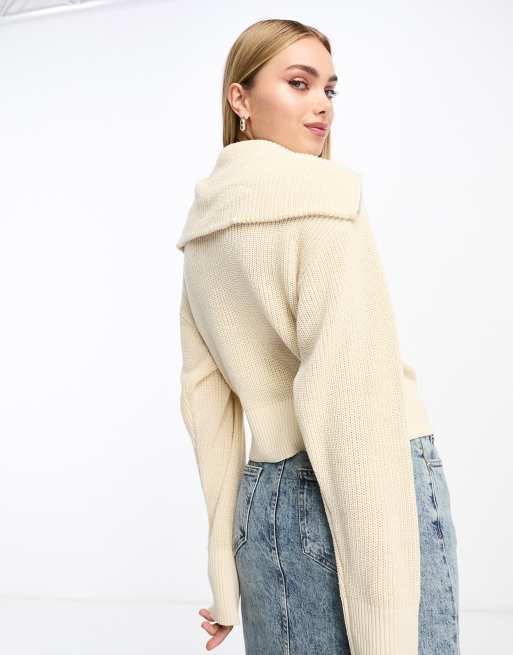 Monki high zip neck knitted sweater in off white