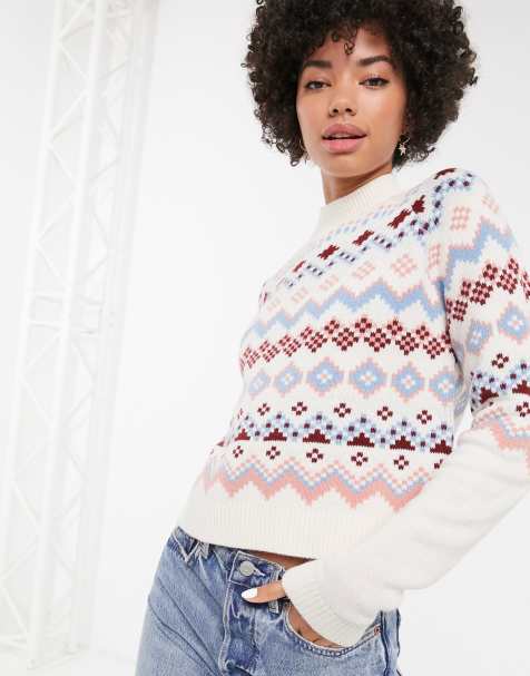 Monki – Hochgeschlossener Pullover in Beige mit Norwegermuster