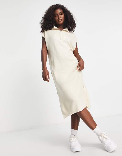 Monki – Hochgeschlossenes Strickkleid in Beige mit Reißverschlusskragen, 4 von 4