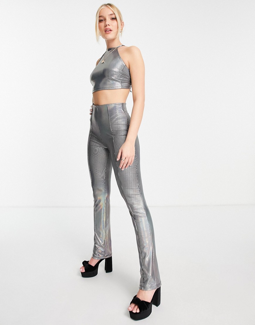 Monki holographic jersey pants in silver - part of a set