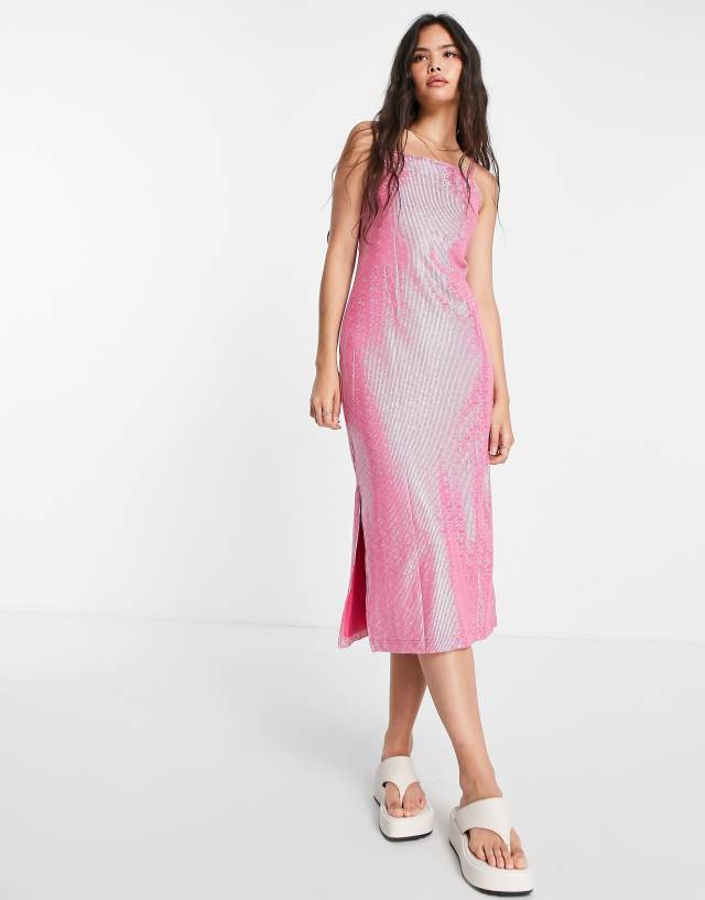 Monki holographic midi dress in pink