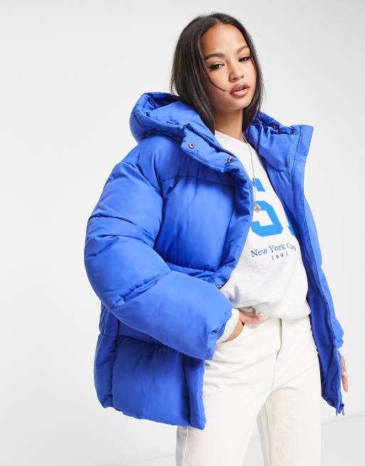 Monki hooded padded jacket in blue | ASOS