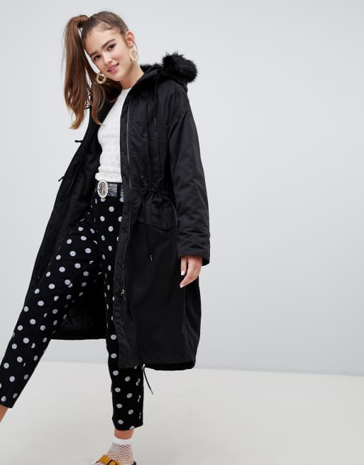 Monki hooded hotsell faux fur coat