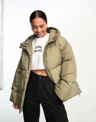 Monki hooded puffer jacket in khaki