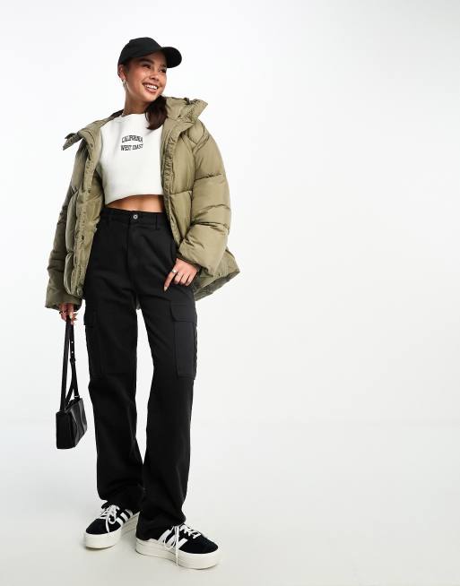 Khaki hooded best sale puffer jacket