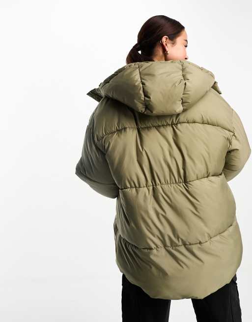 Monki hooded puffer jacket in khaki