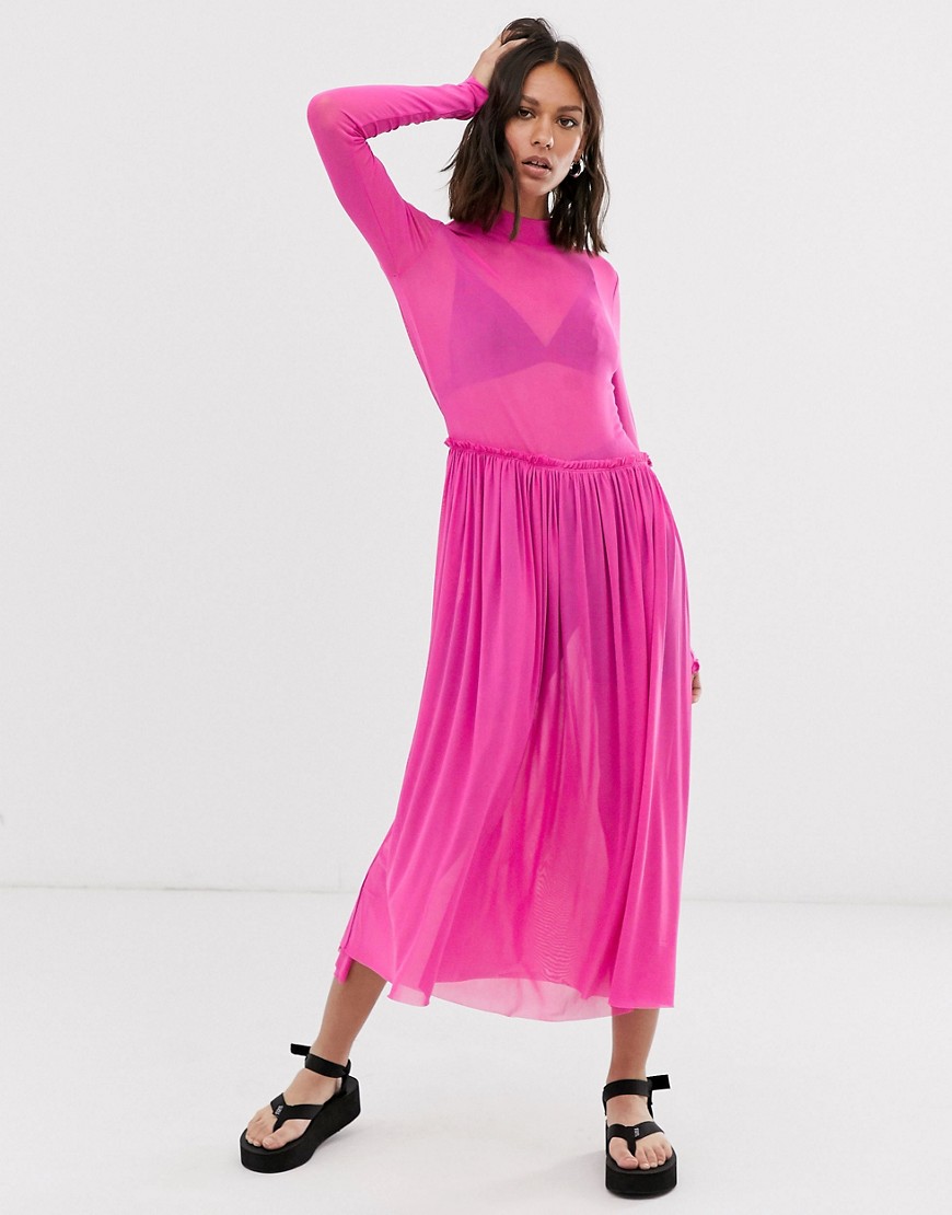 Monki - Hoogsluitende maxi-jurk met geplooide rok-Roze
