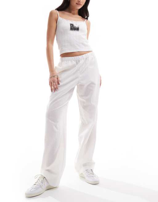 Monki – Hose aus Leinen in Weiß mit weitem Bein