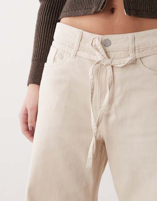 Monki – Hose in Beige mit weitem Bein und Bindeband, 2 von 5
