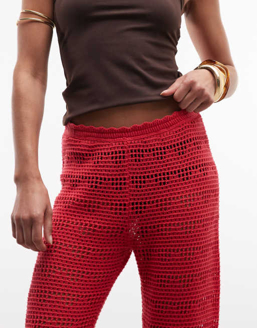 Monki – Hose in Rot mit weitem Bein und Häkeldesign, 3 von 5