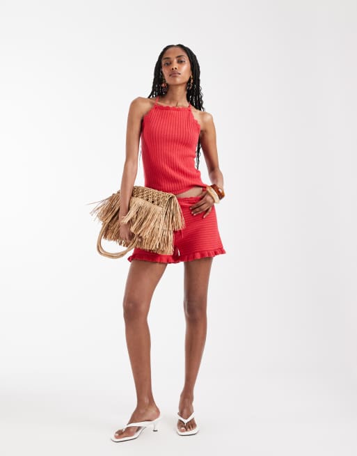 Monki - Hotpants rossi all'uncinetto con volant in coordinato, 2 di 9