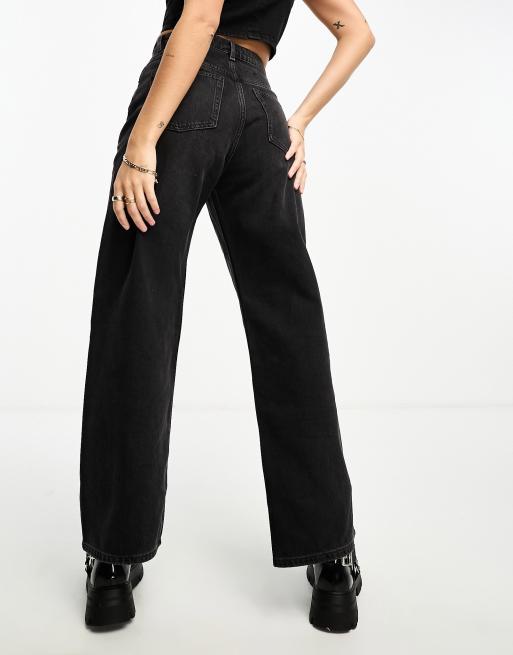 Monki Iku high waisted loose fit denim jeans with rhinestone