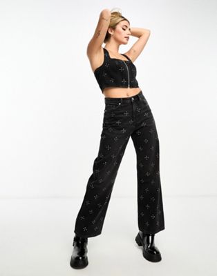 Monki co-ord Iku high waisted loose fit denim jeans with rhinestone embellishment in washed black - ASOS Price Checker
