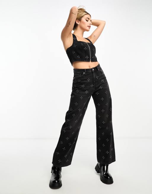 Monki - Iku - Jeans ampi nero slavato a vita alta decorati con strass in coordinato