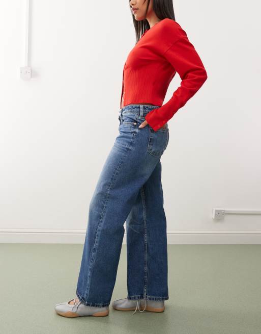 Monki - Imoo - Jeans a vita bassa lavaggio blu medio con fondo ampio , 3 di 5