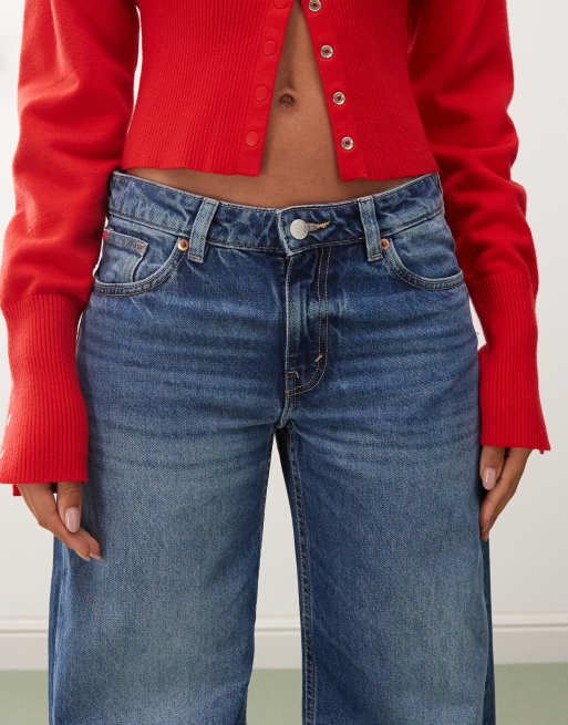 Monki - Imoo - Jeans a vita bassa lavaggio blu medio con fondo ampio , 5 di 5