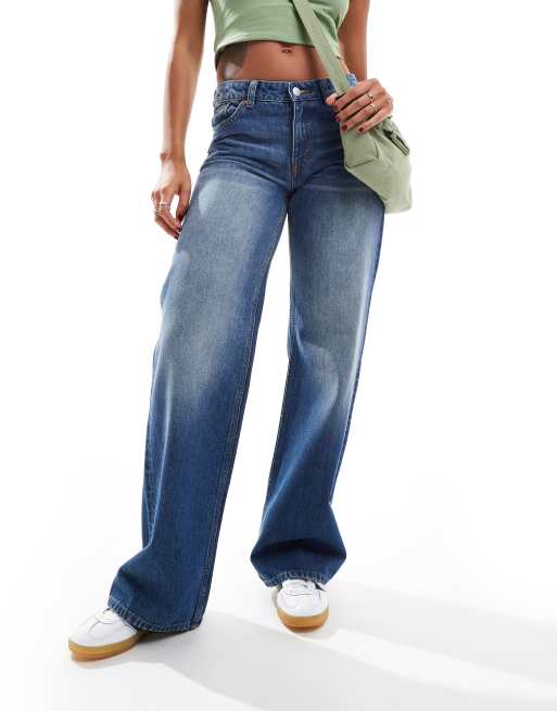 Monki - Imoo - Jeans ampi a vita bassa lavaggio blu gabby effetto spray  , 3 di 5
