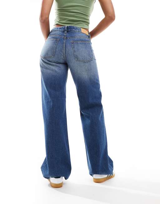 Monki - Imoo - Jeans ampi a vita bassa lavaggio blu gabby effetto spray  , 5 di 5