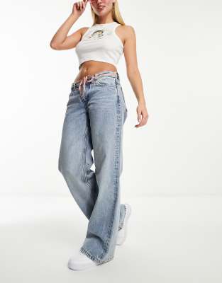 Imoo low rise wide fit jeans in blue medium dusty mid blue