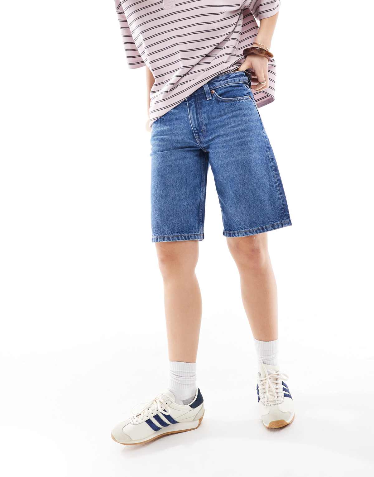 Monki Imoo low waist denim jorts in mid blue wash