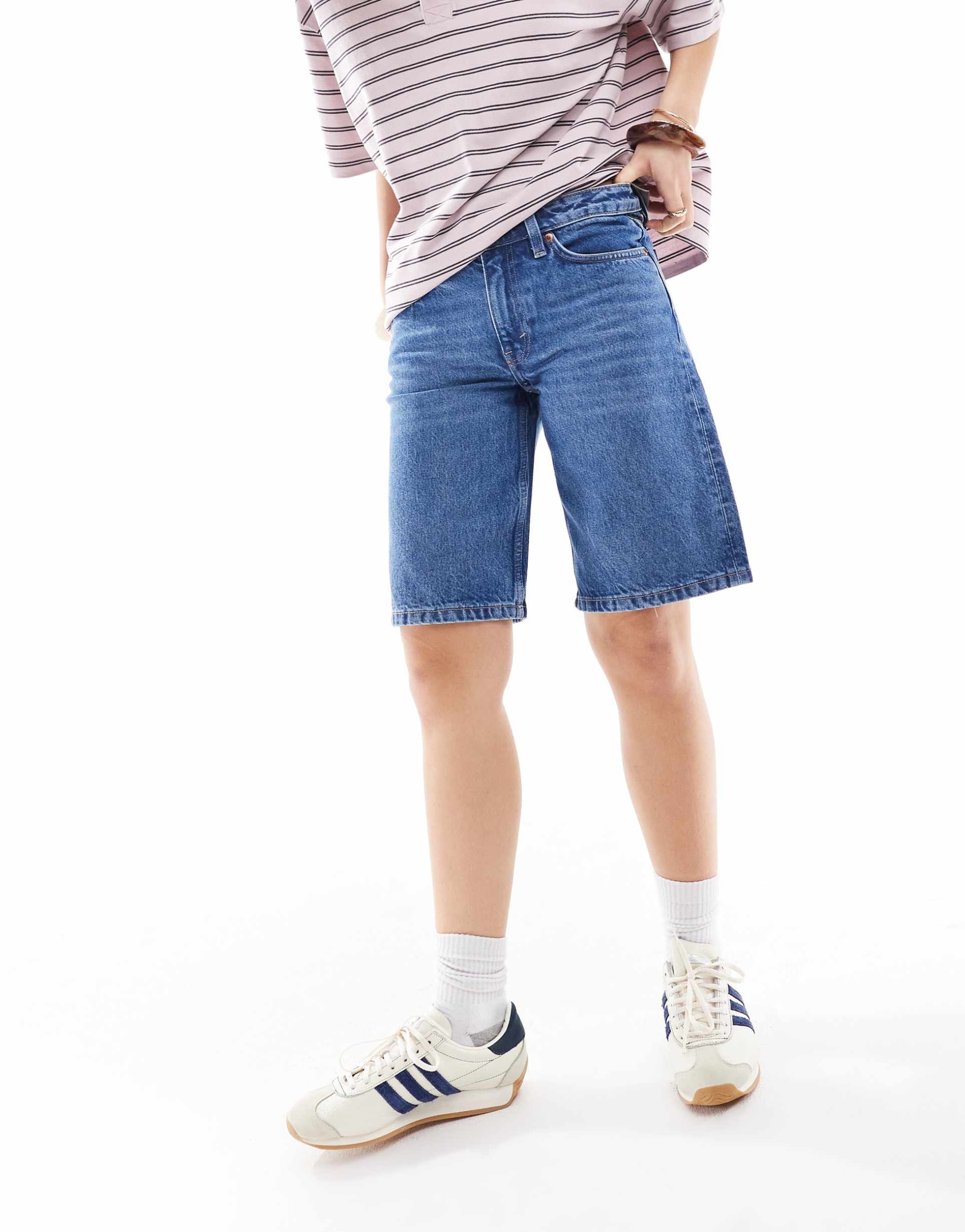 monki imoo low waist denim jorts in mid blue wash