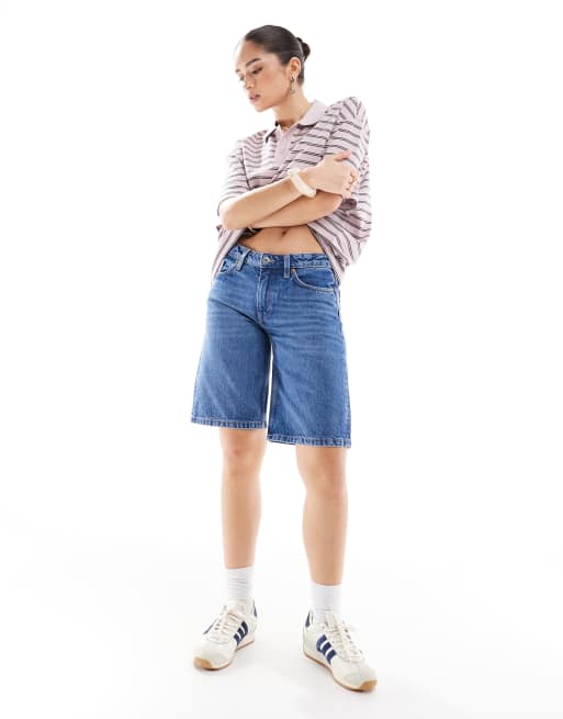 Monki Imoo low waist denim jorts in mid blue wash