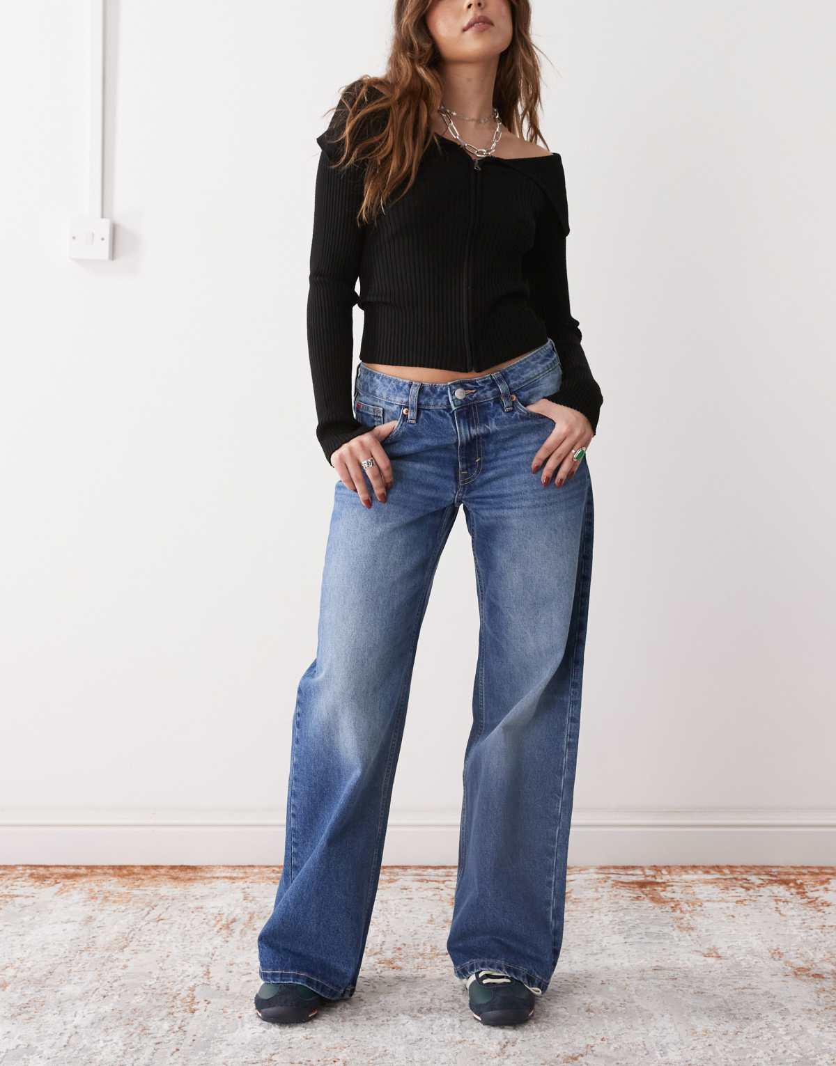 Monki imoo low waist wide leg jeans in mid blue wash