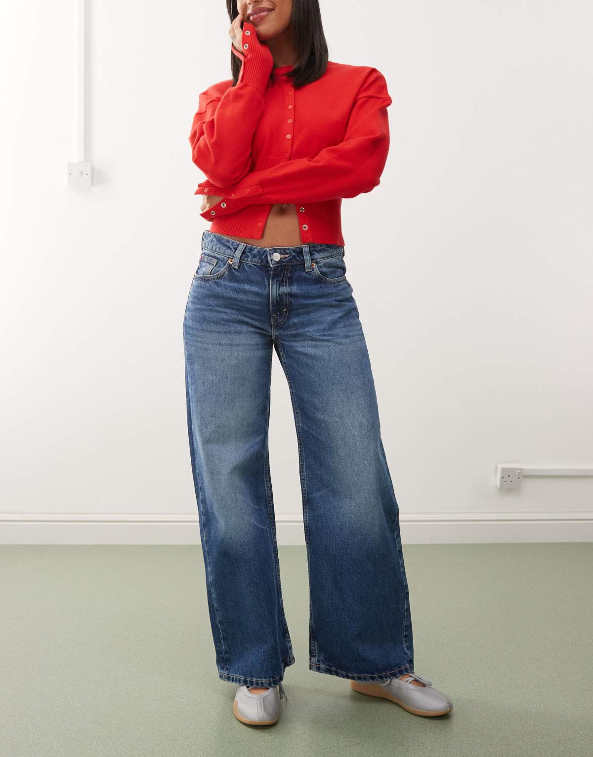 Monki imoo low waist wide leg jeans in mid blue wash