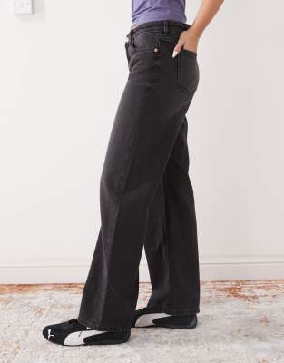 Monki Imoo Low Waisted Wide Fit Jeans In Washed Black In Black