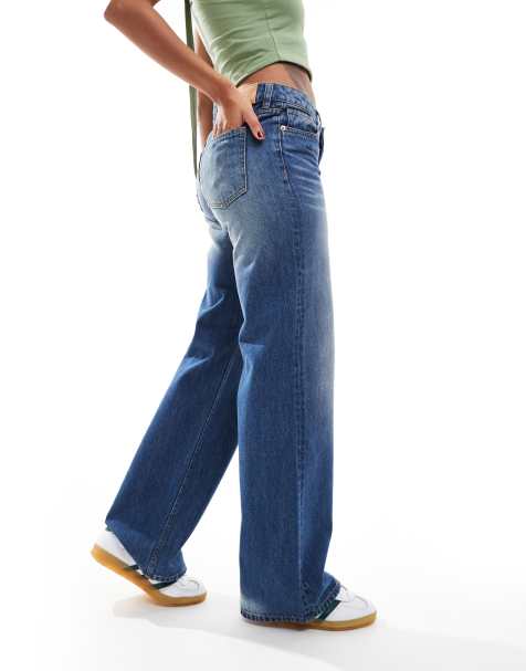 Monki Imoo low waisted wide fit jeans in gabby blue wash with spray   - view 1