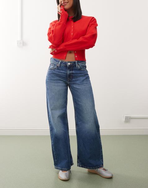 Monki imoo low waist wide leg jeans in mid blue wash 