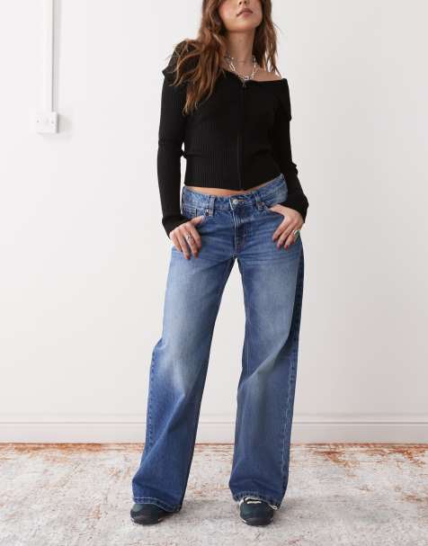 Monki – Imoo – Weit geschnittene Jeans in mittelblauer Waschung mit niedrigem Bund - view 1