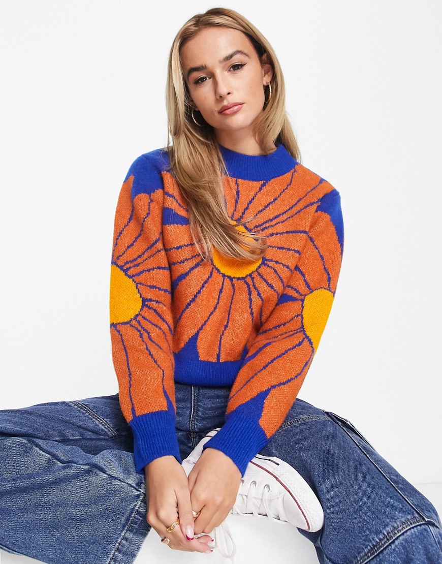 Monki intarsia knitted sweater in blue and orange floral-Multi