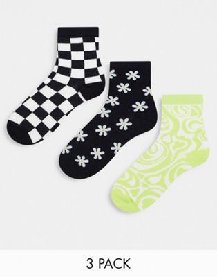 Monki jacquard 3 pack socks in black and green prints