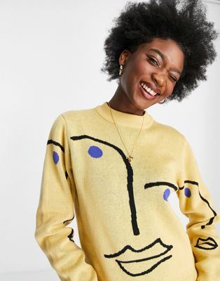 Monki jacquard face jumper in yellow