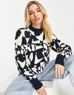 Monki jacquard jumper in black and beige graphic print
