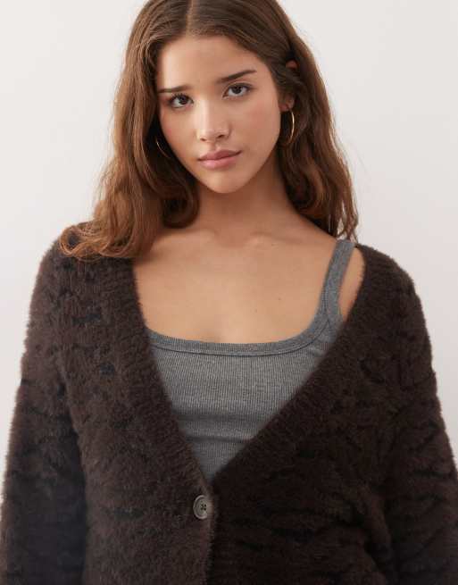 Monki jacquard knitted cardigan in chocolate brown, 2 of 4