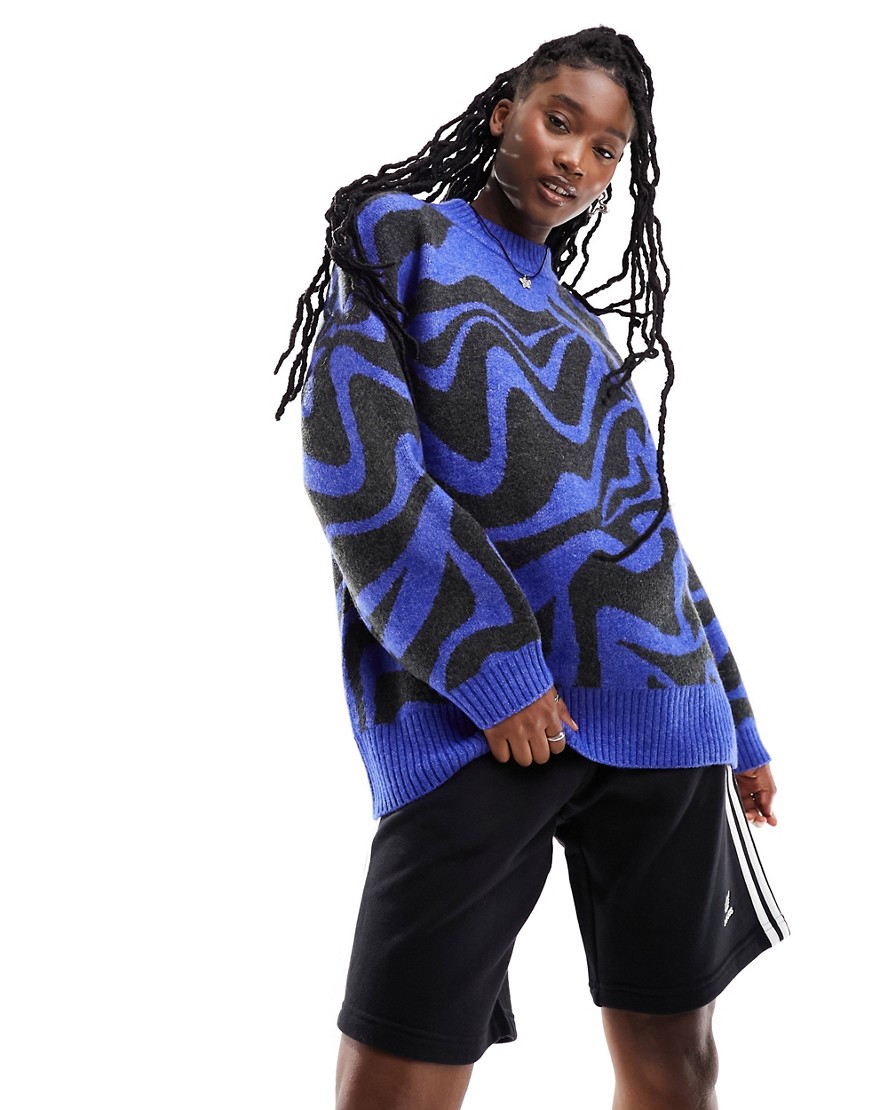Monki jacquard knitted sweater in blue big swirls pattern