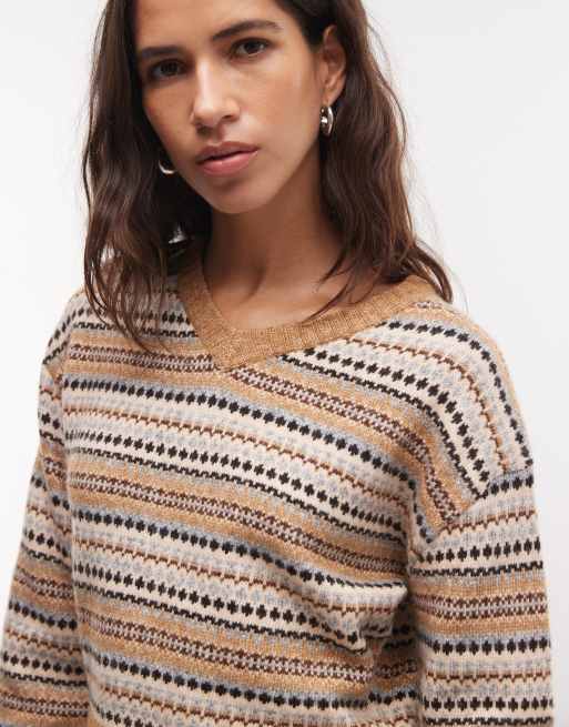 Monki jacquard-tröja med v-ringning och fairisle-ränder i brunt, 3 av 4