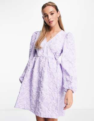 Monki Jacquard Wrap Front Mini Dress With Long Sleeve In Lilac-purple