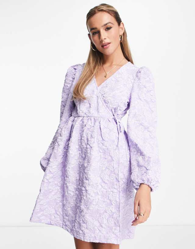 Monki jacquard wrap front mini dress with long sleeve in lilac